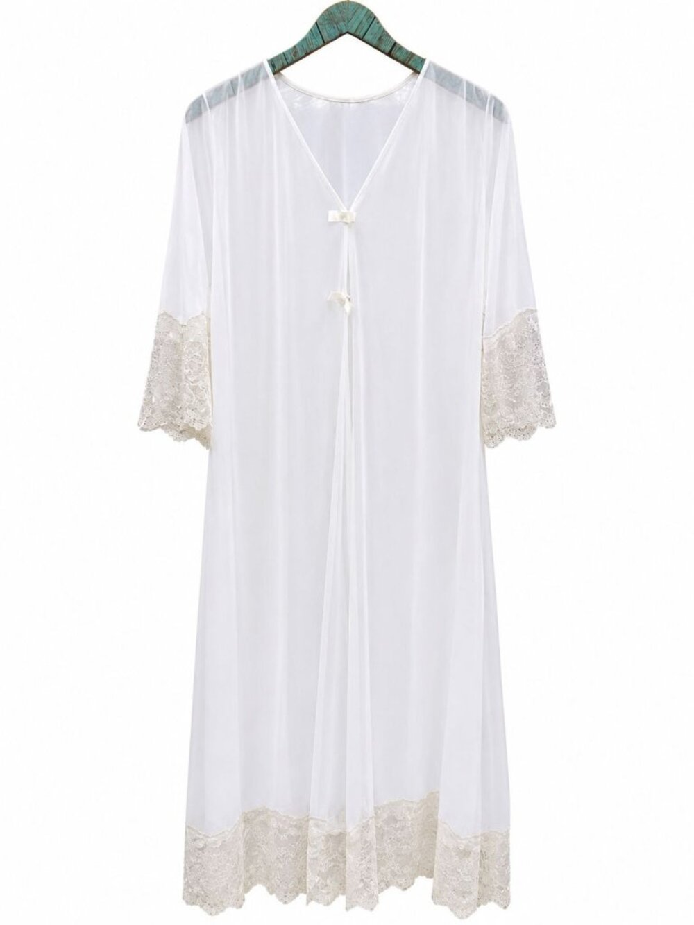 Vintage 1960's Gilead White Chiffon Sheer Body, Ribbon & Lace Peignoir Robe, M